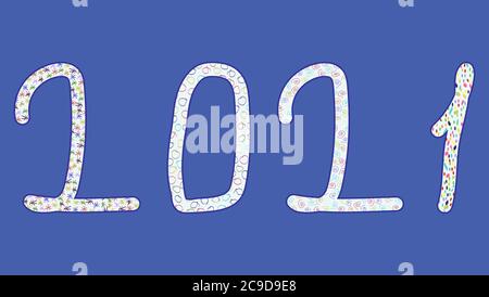 light lettering 2021 hand-drawn with multicolored patterns of dots, rings, spirals and snowflakes on a blue background Stock Vector