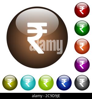 Indian Rupee sign white icons on round color glass buttons Stock Vector