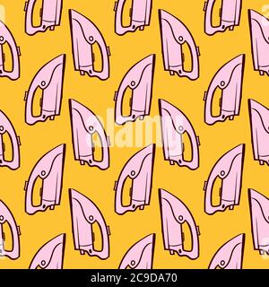 Pink clothing iron ,seamless pattern on dark yellow background. Stock Vector