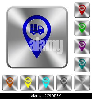 Transport service GPS map location engraved icons on rounded square glossy steel buttons Stock Vector