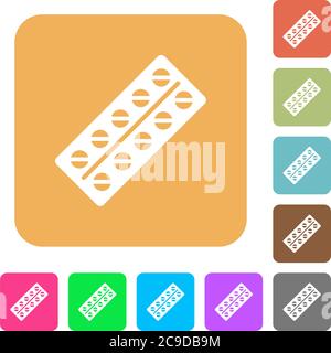 Batch of pills in blister pack flat icons on rounded square vivid color backgrounds. Stock Vector
