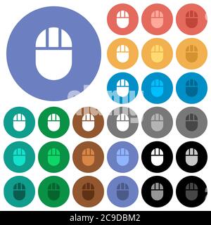 Three buttoned computer mouse multi colored flat icons on round backgrounds. Included white, light and dark icon variations for hover and active statu Stock Vector