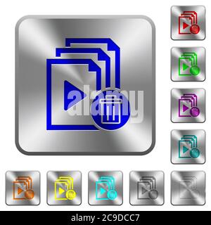 Delete entire playlist engraved icons on rounded square glossy steel buttons Stock Vector