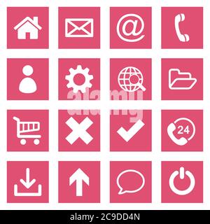 Set of 16 white flat basic web icon collection on magenta colored rectangular backgrounds Stock Vector