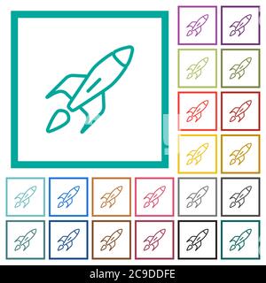 Launched rocket flat color icons with quadrant frames on white background Stock Vector