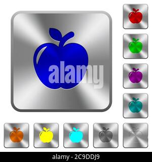 Apple engraved icons on rounded square glossy steel buttons Stock Vector