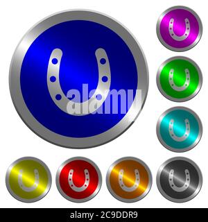 Horseshoe icons on round luminous coin-like color steel buttons Stock Vector