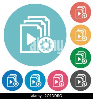 Playlist settings flat white icons on round color backgrounds Stock Vector