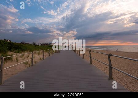 A wide angle shot looking down the Spring Lake boardwalk at down on the 4th of July. Stock Photo