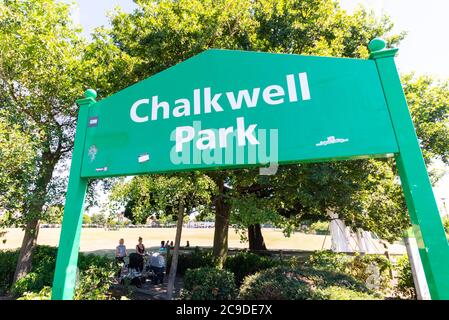 Chalkwell Park in Westcliff on Sea, Southend, Essex, UK. Southend on Sea Borough Council green space in an urban area. Sign at entrance Stock Photo