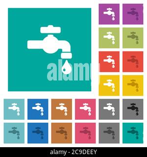 Water faucet with water drop multi colored flat icons on plain square backgrounds. Included white and darker icon variations for hover or active effec Stock Vector