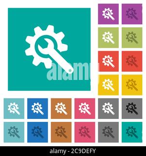 Wrench with cogwheel multi colored flat icons on plain square backgrounds. Included white and darker icon variations for hover or active effects. Stock Vector