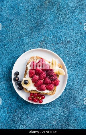 Funny breakfast toast for kids shaped as cute fish. Food art sandwich for child. Isolated. Animal faces toasts with spreads, fruits Stock Photo