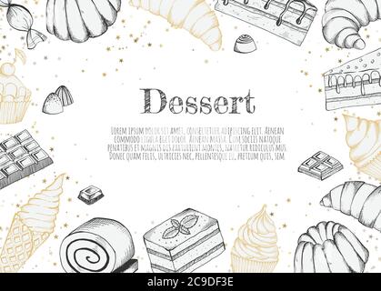 Desserts bakery shop vector banner template. Hand drawn cakes bun, ice cream, chocolate and candies. Stock Vector