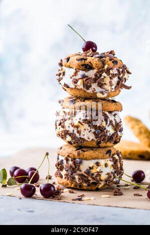 cherry ice cream sandwiches with chocolate chip cookies Stock Photo