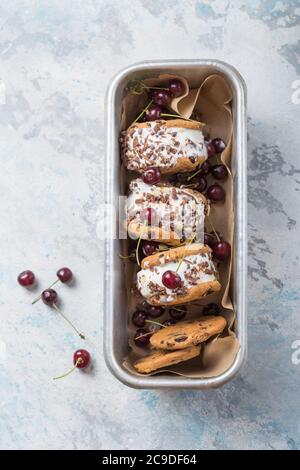 cherry ice cream sandwiches with chocolate chip cookies Stock Photo