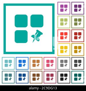 Pin component flat color icons with quadrant frames on white background Stock Vector