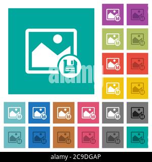 Save image multi colored flat icons on plain square backgrounds. Included white and darker icon variations for hover or active effects. Stock Vector
