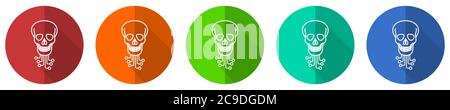 Hack icon set, virus, circuit, skull, hacker, red, blue, green and orange flat design web buttons isolated on white background, vector illustration Stock Vector