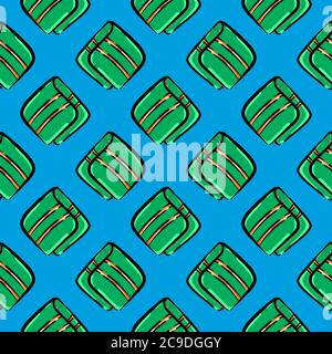 Green wallet with stripes ,seamless pattern on blue background. Stock Vector