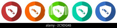 Vaccine shield concept icon set, red, blue, green and orange flat design web buttons isolated on white background, vector illustration Stock Vector