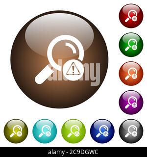 Search error white icons on round color glass buttons Stock Vector