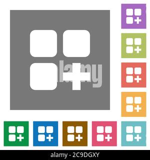 Add new component flat icons on simple color square backgrounds Stock Vector
