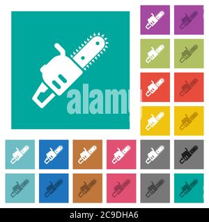 Chainsaw multi colored flat icons on plain square backgrounds. Included white and darker icon variations for hover or active effects. Stock Vector