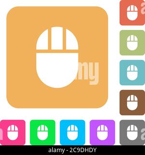 Three buttoned computer mouse flat icons on rounded square vivid color backgrounds. Stock Vector