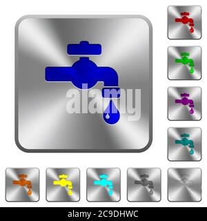 Water faucet with water drop engraved icons on rounded square glossy steel buttons Stock Vector