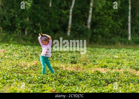 Little girl posing in strawberry field in Sevenoaks, Kent Stock Photo