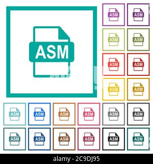 ASM file format flat color icons with quadrant frames on white background Stock Vector