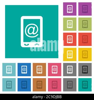 Mobile mailing multi colored flat icons on plain square backgrounds. Included white and darker icon variations for hover or active effects. Stock Vector