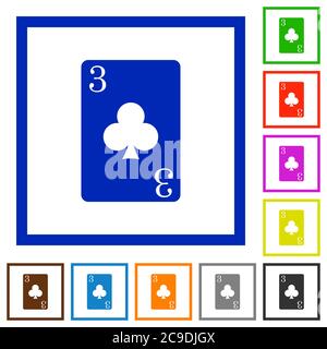 Three of clubs card flat color icons in square frames on white background Stock Vector