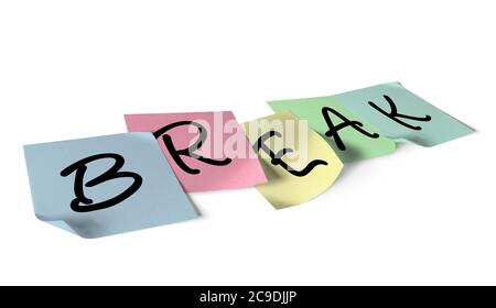 Sticky notes with the inscription break against white background Stock Photo