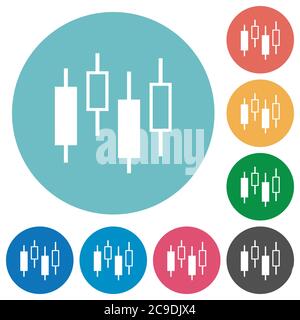 Candlestick chart flat white icons on round color backgrounds Stock Vector