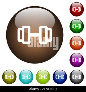 Barbell white icons on round color glass buttons Stock Vector