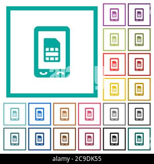 Mobile sim card flat color icons with quadrant frames on white background Stock Vector