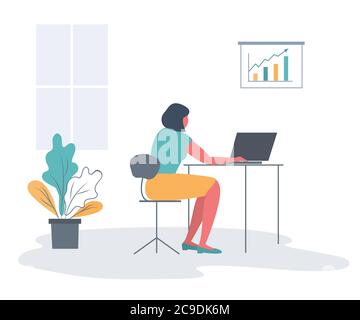Office worker in the workplace. Back view. Young woman is sitting at the desk on a window background. There is a laptop, a diagram and a flower here Stock Vector