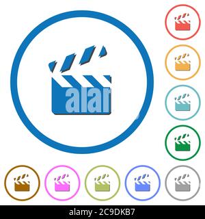 Clapperboard flat color vector icons with shadows in round outlines on white background Stock Vector