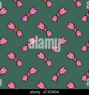 Pink and red bows ,seamless pattern on dark green background. Stock Vector