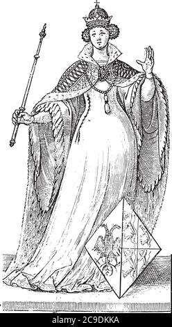 Margaret of Bavaria, full-length, with scepter and crown. Her coat of arms depicts a double-headed eagle shared with four climbing lions. Numbered at Stock Vector