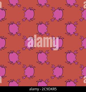 Violet crabs ,seamless pattern on red background. Stock Vector