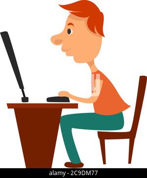 Boy working on a computer, illustration, vector on white background Stock Vector