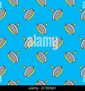 Yellow frying pan ,seamless pattern on light blue background. Stock Vector