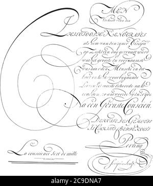 Writing example: Men Verhaalt van den (...), Ambrosius Perling, 1667 - 1718 Writing example with thirteen lines of text in Dutch, vintage engraving. Stock Vector