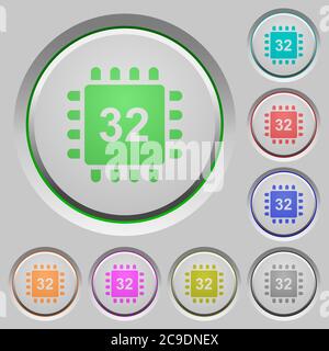 Microprocessor 32 bit architecture color icons on sunk push buttons Stock Vector