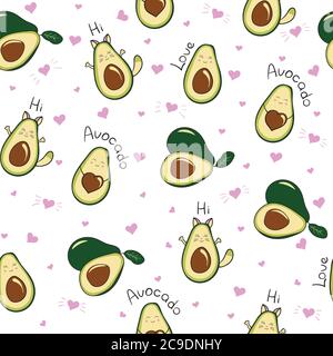 seamless vector pattern with cute avocado, avocado-kitty, with a heart-shaped bone, on a white background, with hearts, with the words love, avocado Stock Vector