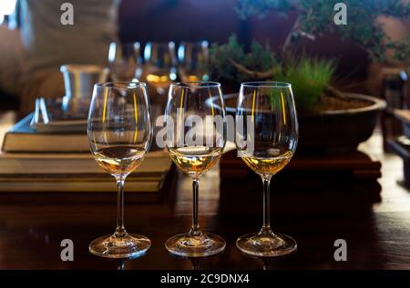 Set up of three glasses of white wine (Sauvignon Blanc and Chardonnay) for a wine tasting, South Africa. Stock Photo