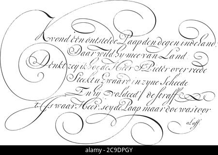Writing example: Found a shocked Paap (...)., Ambrosius Perling, 1667 - 1718 Writing example with six lines of text in Dutch, vintage engraving. Stock Vector